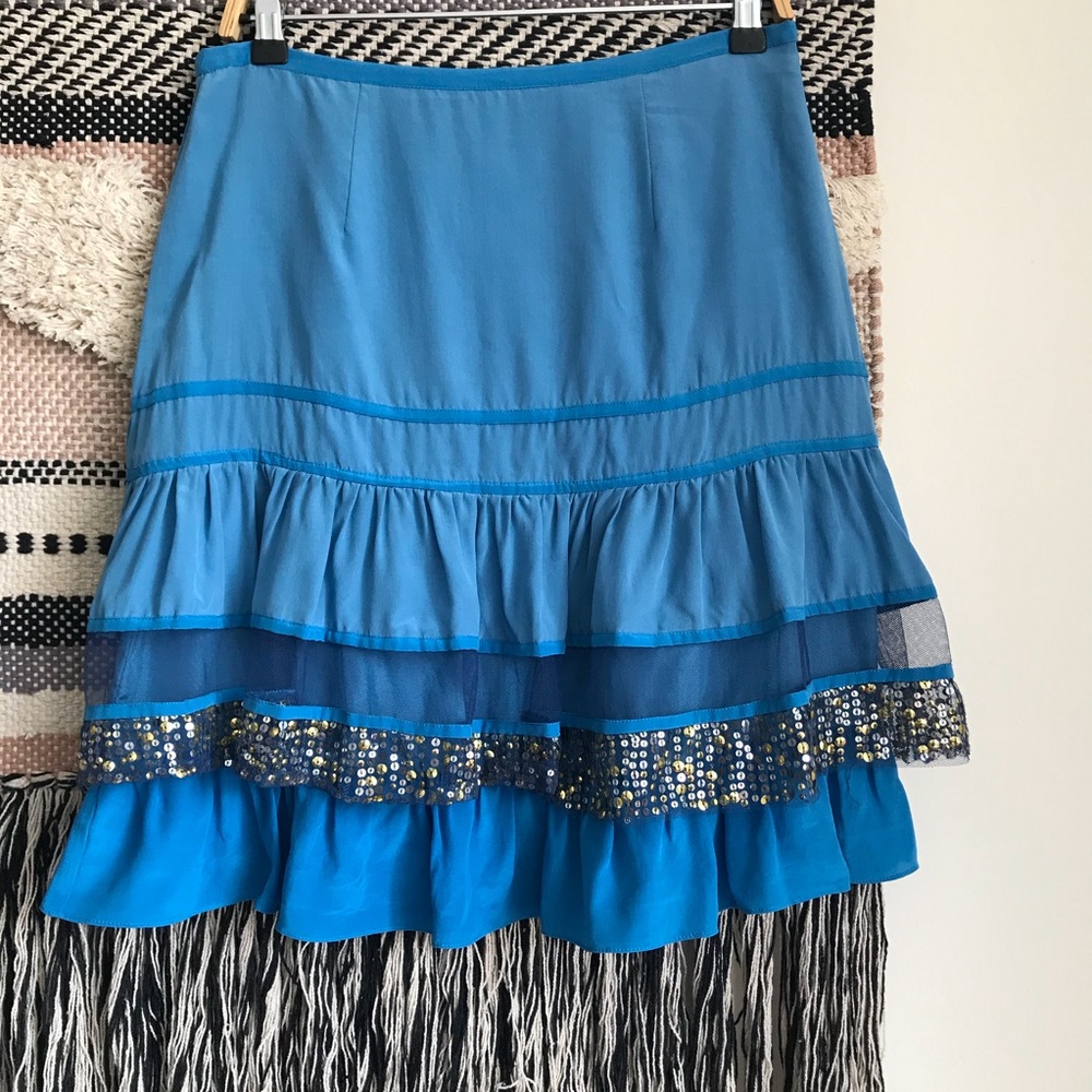 NWT Plenty Tracy Reese Blue Silk Lace Ruffle Sequins Flare Party Skirt Women's 8